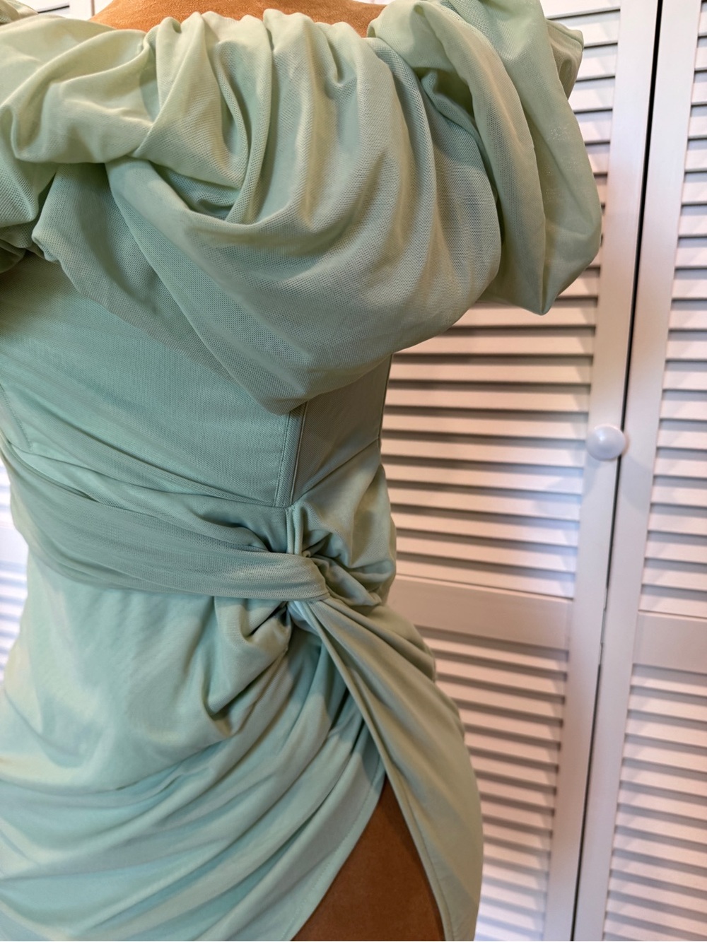 Off-Shoulder Sage Green Ruched Mini Dress - Picture 5 of 5